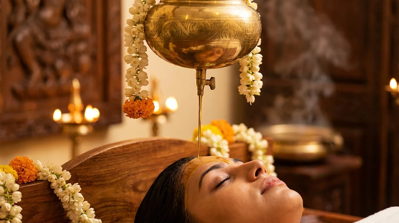 Shirodhara therapy warm oil stream on forehead for deep relaxation and mental clarity at Seth Arana Ayurveda