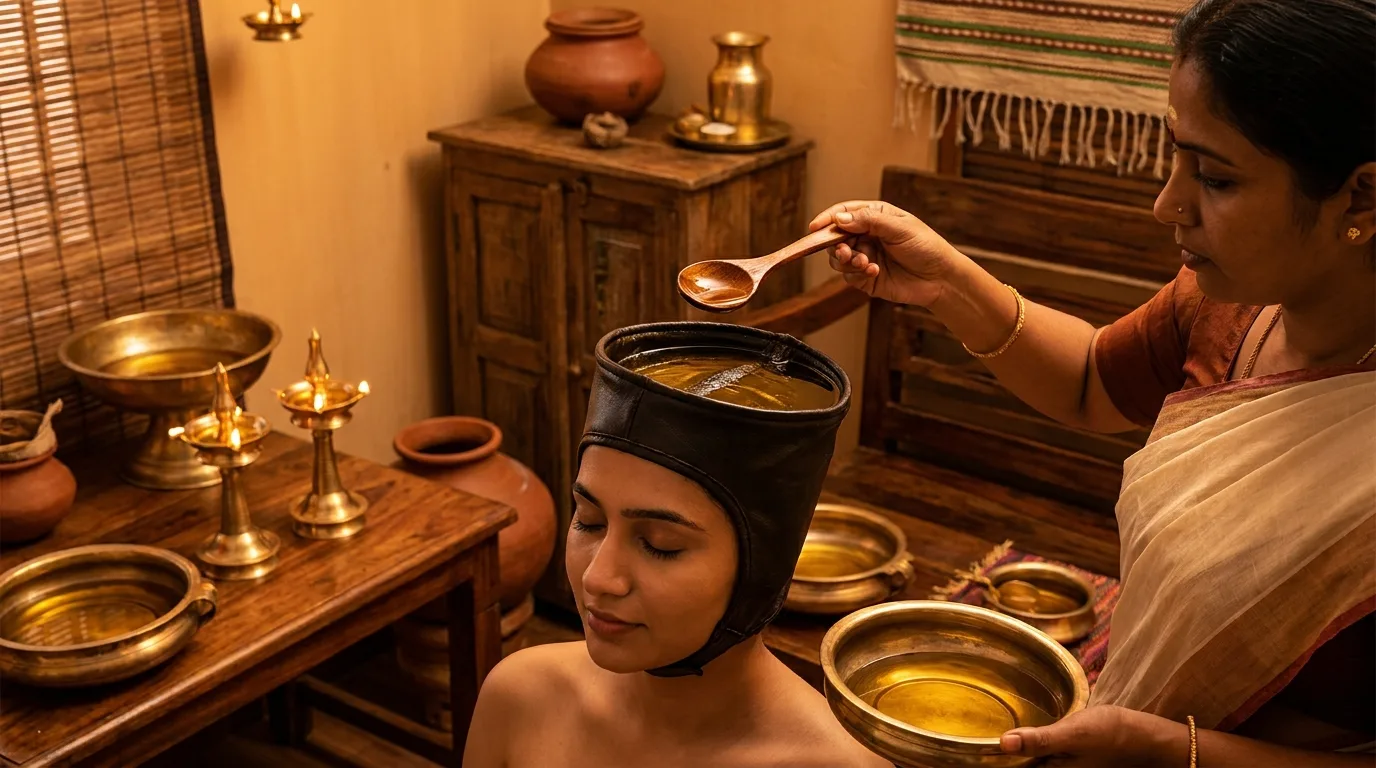 Shirovasti warm medicated oil retained on head therapy for specific period at Seth Arana Ayurveda
