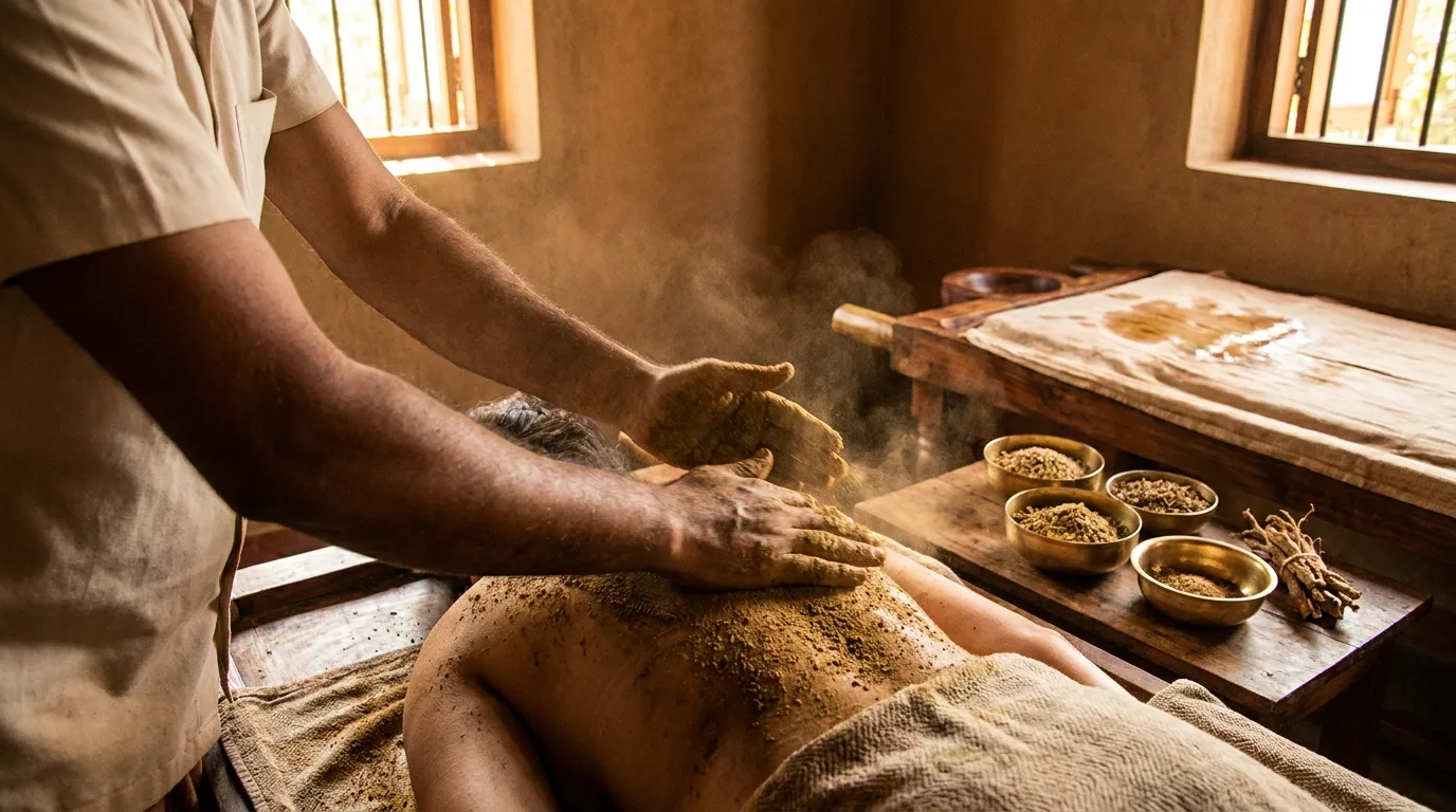 Udwarthana upward herbal powder massage for fat reduction and detoxification at Seth Arana Ayurveda