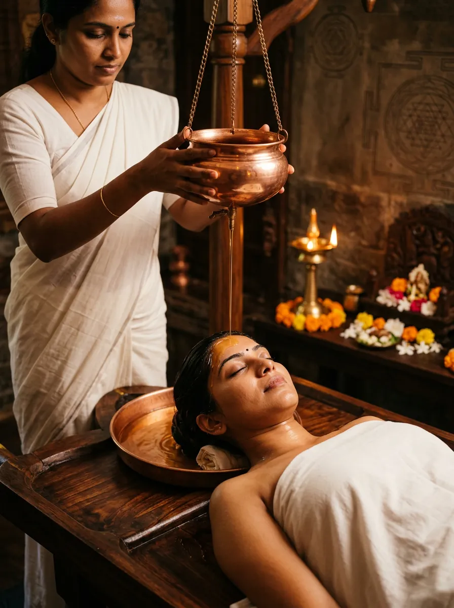 Shirodhara therapy warm oil stream on forehead for deep relaxation and mental clarity at Seth Arana Ayurveda
