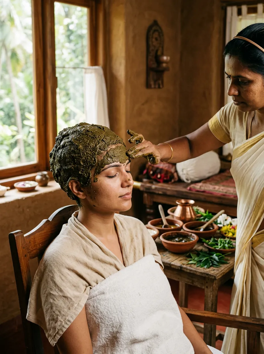 Shirolepa medicated herbal paste applied over scalp treatment at Seth Arana Ayurveda