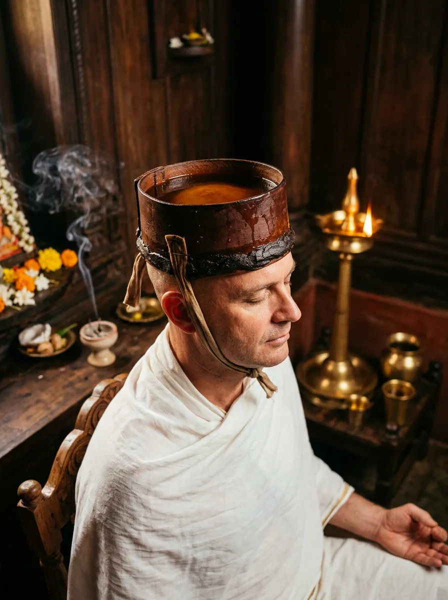 Shirovasti warm medicated oil retained on head therapy for specific period at Seth Arana Ayurveda