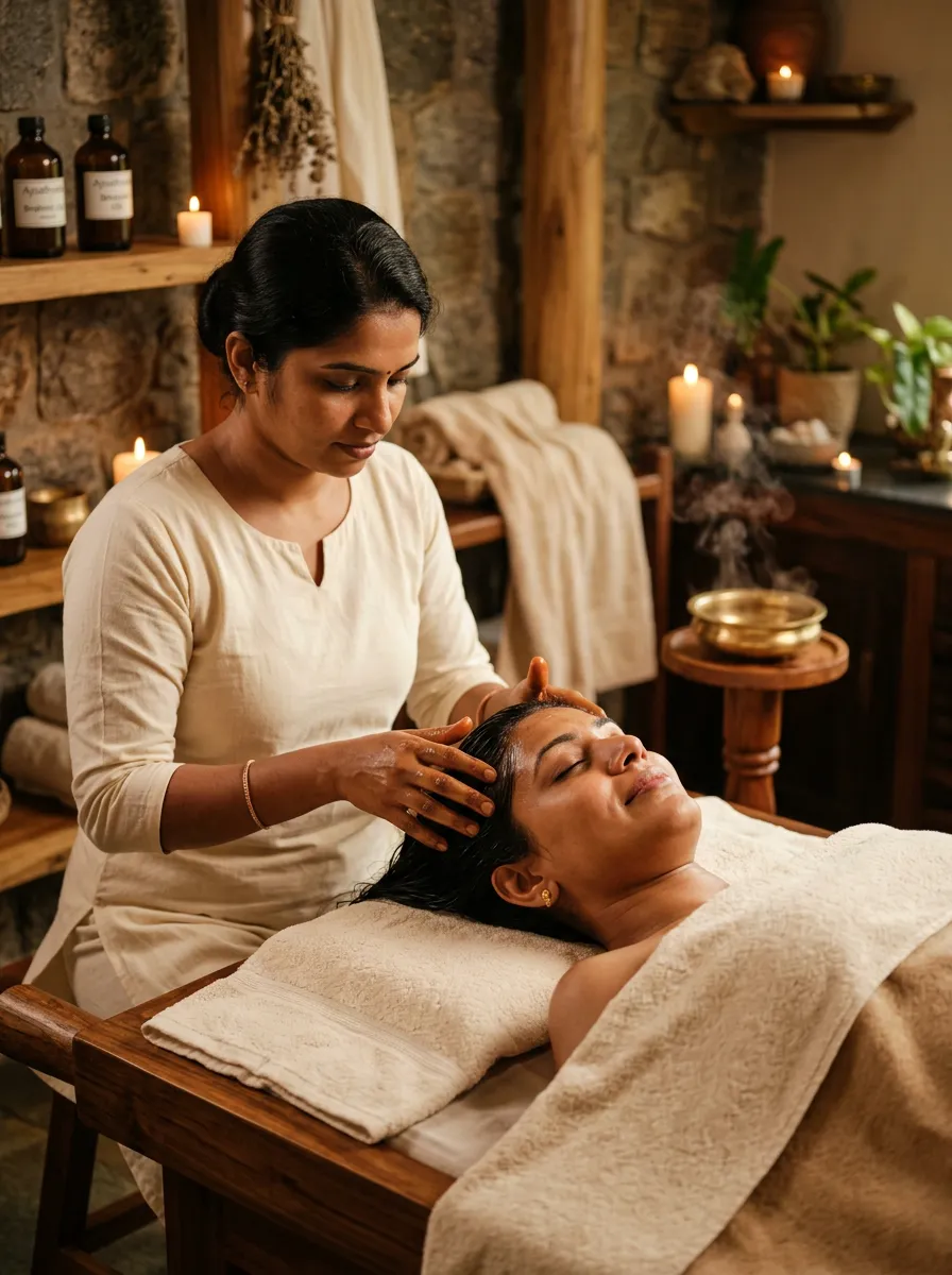 Traditional Ayurvedic head massage Shiro Abhyanga therapy for stress relief and improved sleep at Seth Arana Kotte
